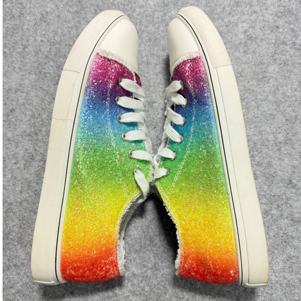 Rainbow Glitter Ombre Lace Up Sneakers Low‎ Top White Toe Cap Size 43 M-9.5 W-11